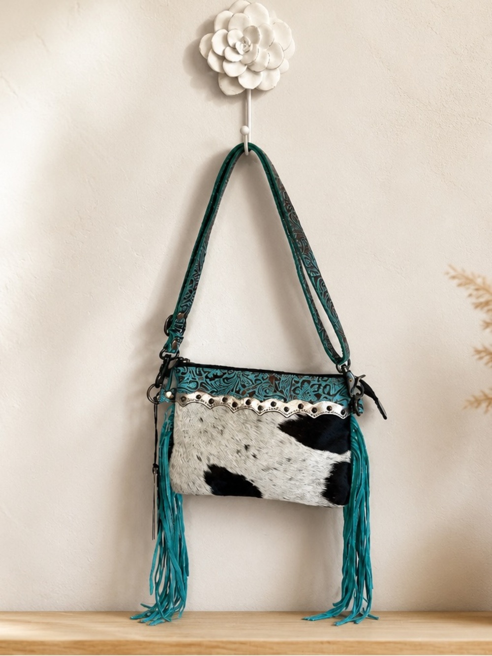 Myra Bag Teal and White Hair-on-Hide Crossbody with Fringe